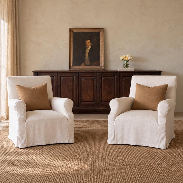 Traditional Regent Chair Slip Covered in Belgian Linen- Greige For Sale - Image 3 of 11