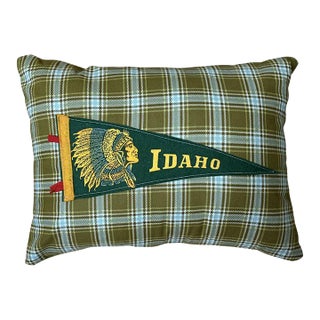 Idaho Native American Vintage Pennant on New Woven Plaid Throw Pillow For Sale