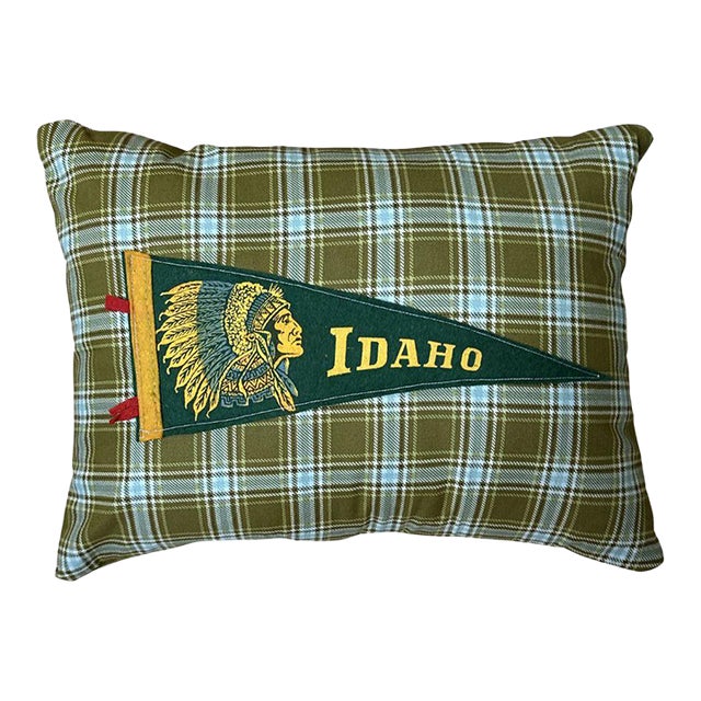 Idaho Native American Vintage Pennant on New Woven Plaid Throw Pillow For Sale