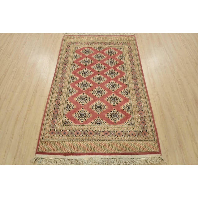 Farmhouse Bokhara Jaldar Rug 4’2” X 6’7” Pink Wool Tribal Hand-Knotted Oriental Carpet For Sale - Image 3 of 12