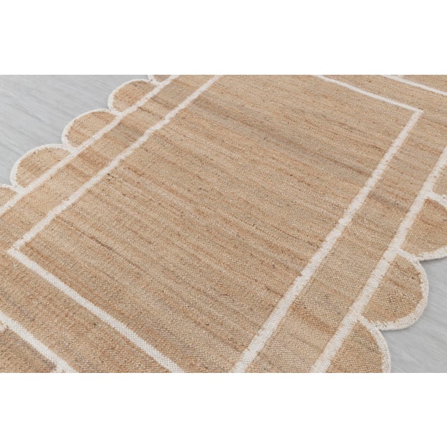 Boho Chic White Jute Wool Premium Handwoven (Not Braided) Scalloped Rug 9x12 Ft. For Sale - Image 3 of 12
