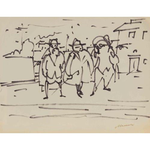 Mino Maccari, The Gentlemen Drawing, Modern Watercolor on Paper, 1950s For Sale