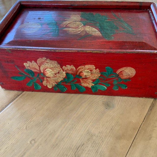 Antique Gansu Wooden Painting Box with Red With Floral Design For Sale - Image 4 of 9