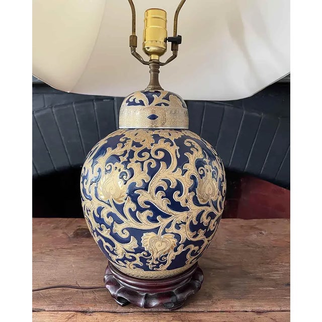 1980s Vintage Ceramic Lamp With Deep Blue and Gold Design For Sale - Image 5 of 7