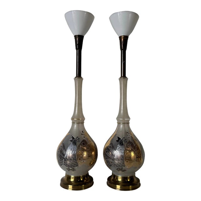 1960s Tall Hollywood Regency Reverse Painted Glass Table Lamps With Brass Bases - a Pair For Sale