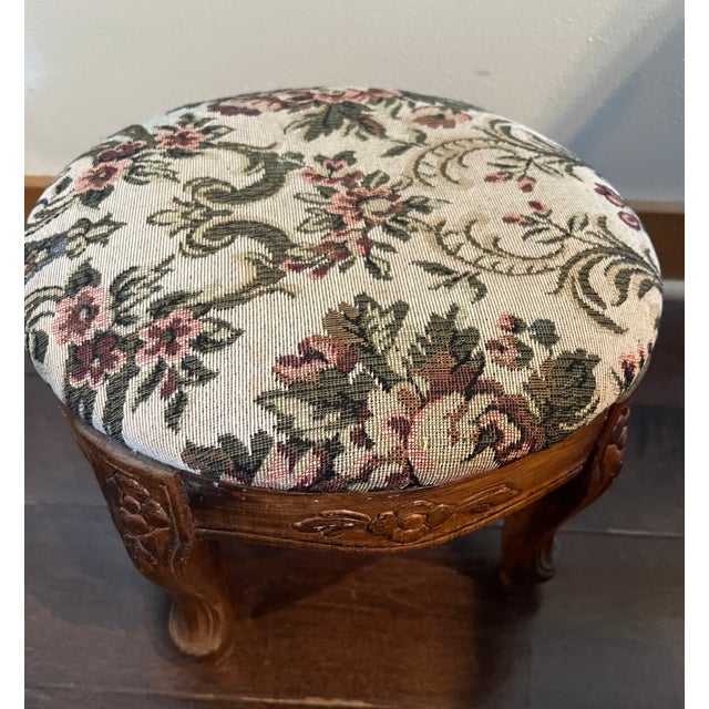 Vintage Carved Wood Footstool With Floral Tapestry Upholstery For Sale In New York - Image 6 of 12