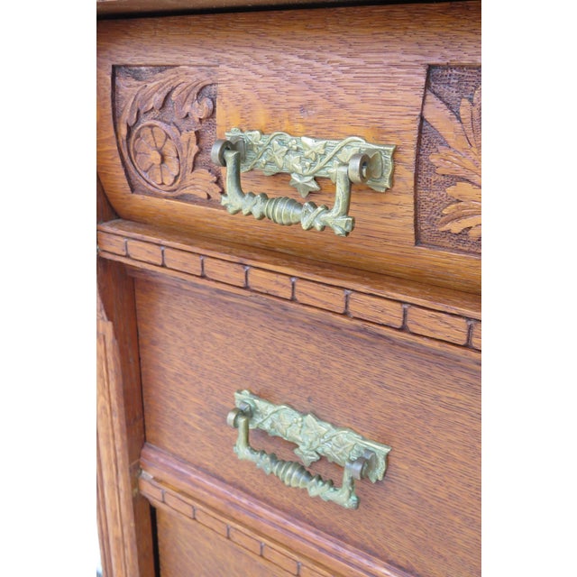 Late 1800s Carved Tiger Oak Tall Chest of Drawers With Working Key For Sale - Image 11 of 11