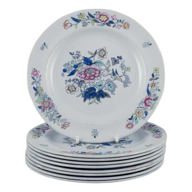 Faience Plates with Floral and Bird Motifs from Copeland / Spode, England, 1930s, Set of 9 For Sale
