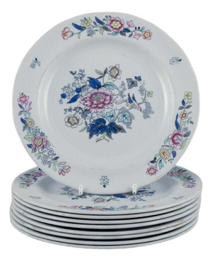 Faience Plates with Floral and Bird Motifs from Copeland / Spode, England, 1930s, Set of 9