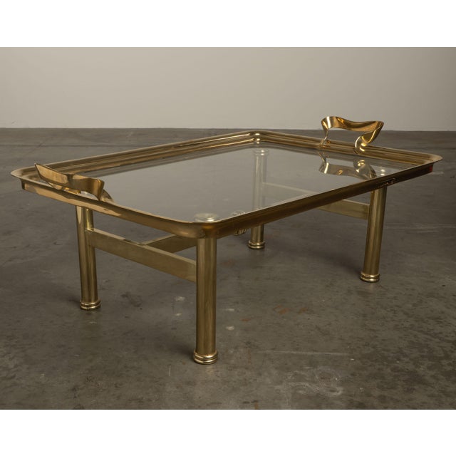 1980s 1980s Brass & Glass Coffee Table Glam Metal Chic Tray-Form For Sale - Image 5 of 11