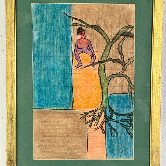 Contemporary Late 20th Century Framed Original Painting by Woody Allen's First Wife Harlene Allen, Whimsical Man in Tree For Sale - Image 3 of 7