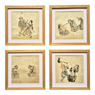 Set of 4 Antique Japanese Edo Era Comical Paintings / Early Manga – Newly Framed For Sale