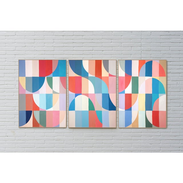 2026, Modern Bauhaus Painting in Vivid Tones of Reflective Whirlpool, Large Triptych, Acrylic Paint on Watercolor Paper For Sale - Image 4 of 11