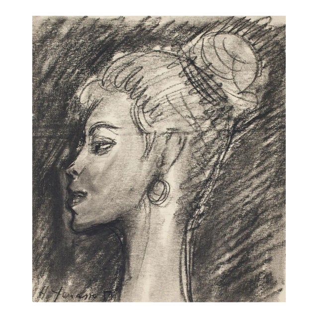 Portrait - Pencil and Charcoal Drawing by H. Yencesse - 1950s 1950s For Sale