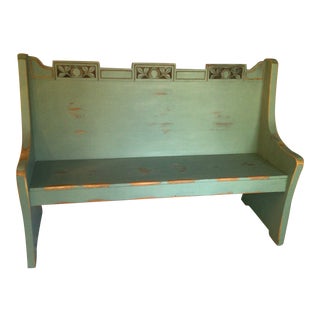 Vintage French Blue Victorian Pine Deacon Bench With Hand Carved Pomegranate Design For Sale