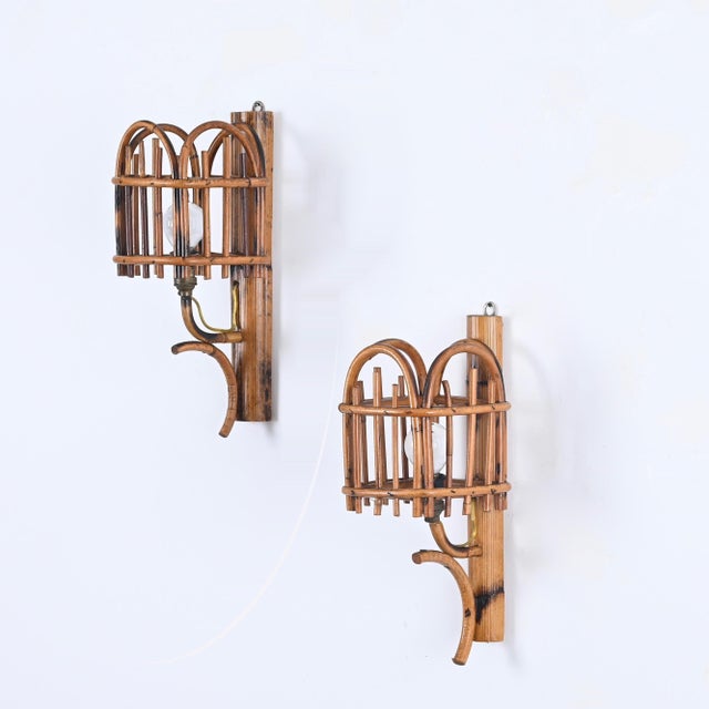 Gold Mid-Century Rattan Lantern Sconces by Louis Sognot, 1960s, Set of 2 For Sale - Image 8 of 13