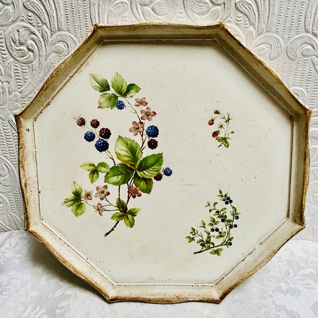 Wood Vintage Botanical Blackberries Italian Florentine Octagon Wood Tray For Sale - Image 7 of 7