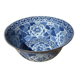 Vintage Maitland Smith Blue and White Porcelain Bowl Chinoiserie Floral Large Decorative Singing Bowl For Sale