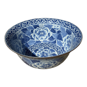 Vintage Maitland Smith Blue and White Porcelain Bowl Chinoiserie Floral Large Decorative Singing Bowl
