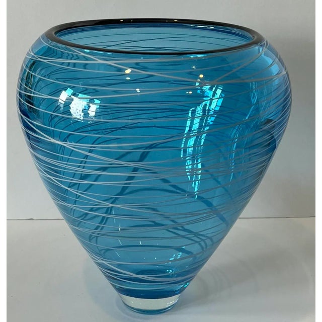 Art Glass Vase Blue With White Swirls For Sale - Image 13 of 13