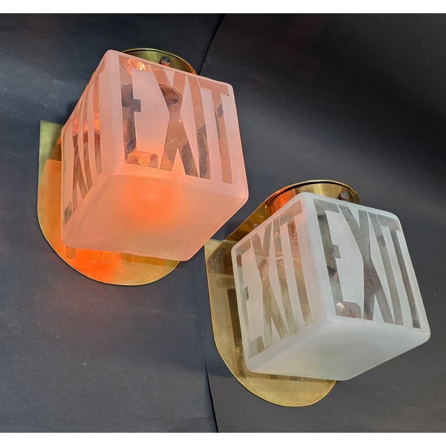 Pair Vintage Art deco light Old Lamp Wall Sconces Fixture Brass & Exit Frosted Cube Glass Shade Ship Light Lamp Excellent...
