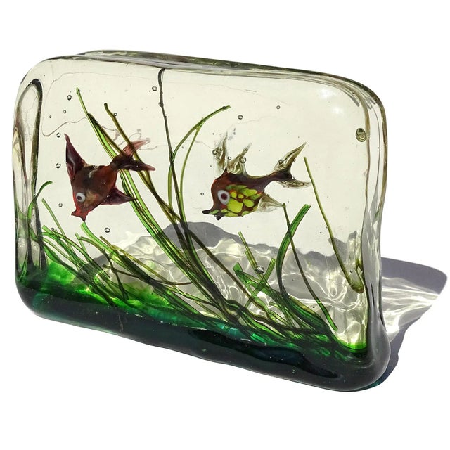 AVeM Italy Murano A.Ve.M. Purple Red Yellow Green Algae Swimming Double Fish Vintage Italian Art Glass Aquarium Block For Sale - Image 4 of 9