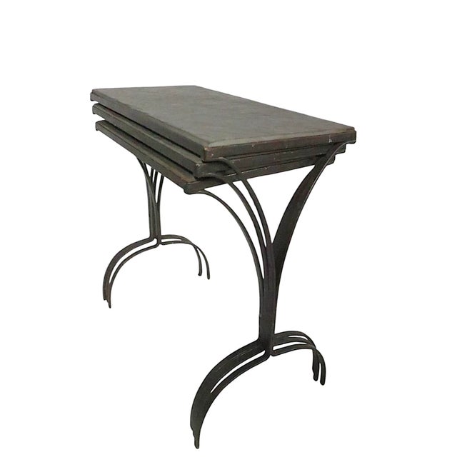 3pc. Set of Vintage Garden Mid Century Wrought Iron and Slate Nesting Tables After Tempestini For Sale - Image 10 of 12