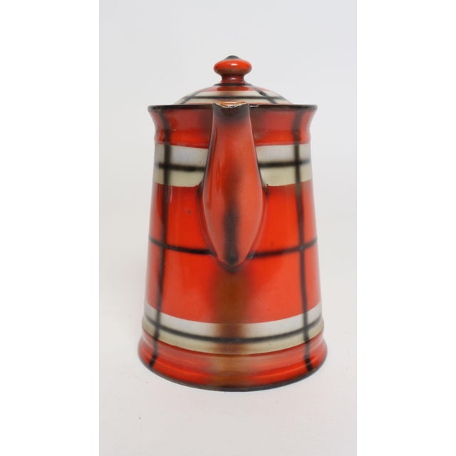 Vintage Czech Bohemian Orange Tartan Plaid Art Pottery Pitcher Teapot by Erphila For Sale - Image 4 of 17