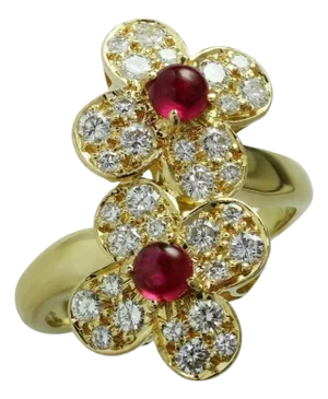 Van Cleef & Arpels Contemporary Ruby and Diamond “Trefle” Ring, 18KY Gold Size 6