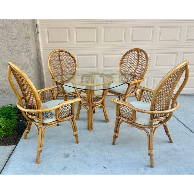 1970s Franco Albini Style 5-Piece Rattan & Glass Dining Set – Highback Peacock Chairs For Sale In Palm Springs - Image 6 of 15