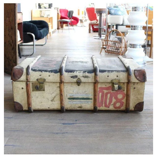 Brown Leather Trunk with Stickers, 1910s For Sale - Image 8 of 8