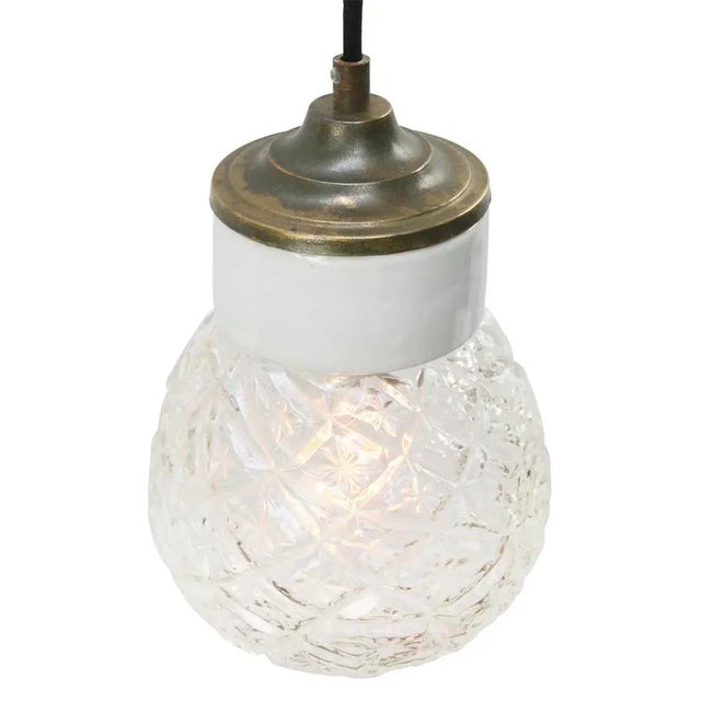 Vintage Industrial White Porcelain, Clear Glass & Brass Pendant Light For Sale - Image 4 of 7