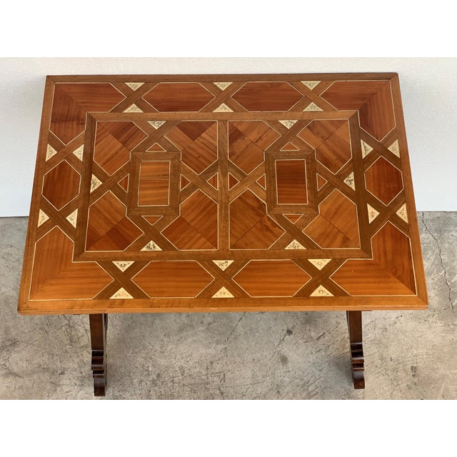 19th Century Baroque Spanish Side Table With Marquetry Top and Lyre Carved Legs For Sale - Image 12 of 13