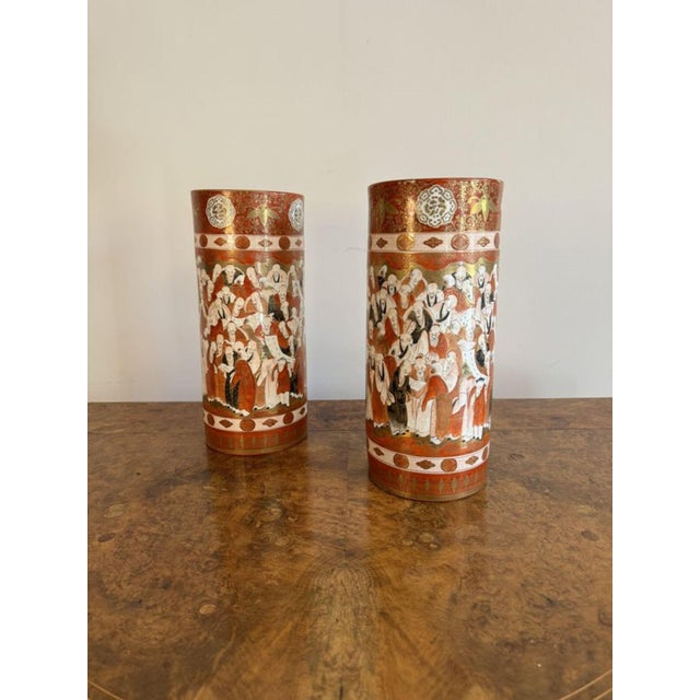Outstanding quality pair of 19th century Japanese Kutani cylindrical vases, having a quality pair of antique Japanese...