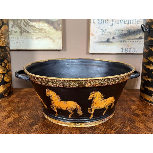 Antique English Planter Jardiniere Horse Equine Black Decoupage Tole Metal C1900 For Sale - Image 11 of 18