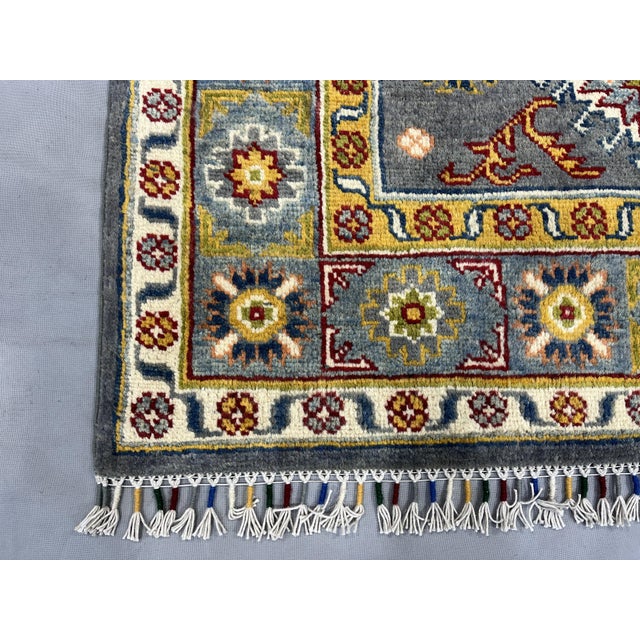 Slate Gray Kazak Style Rug With Floral Medallions and Blue Border, 3'3" X 4'9" For Sale - Image 12 of 13