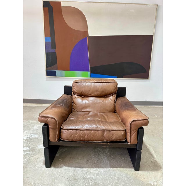 1970s Mid Century Brutalist Danish Pine and Leather Lounge Chair For Sale In Tampa - Image 6 of 7