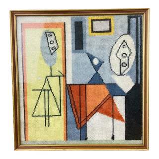 Vintage 1960s Picasso Style Mid Century Modern Abstract Framed Needlepoint Picture For Sale
