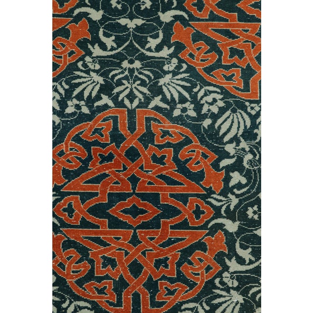Traditional Vintage Hereke Runner Rug in Teal With Orange Arabesque Medallions | Rug & Kilim For Sale - Image 3 of 8