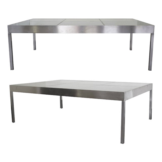 Pair of 1990s Modern Brushed Steel and Frosted Glass Coffee Tables For Sale