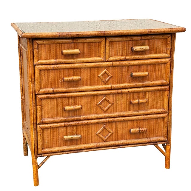 Restored Aesthetic Movement tortoise bamboo & grass-mat dresser with built-in vanity featuring 5 large pull drawers. The...