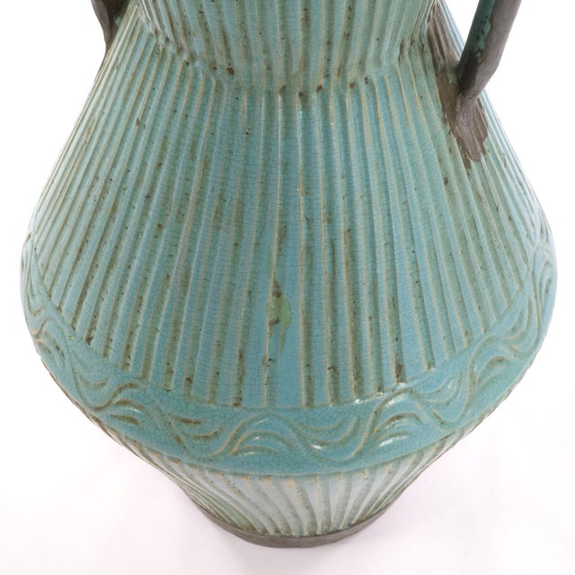 Ceramic Pair Large Moroccan Turquoise Crackle Glaze Lidded Ceramic Urns For Sale - Image 7 of 12