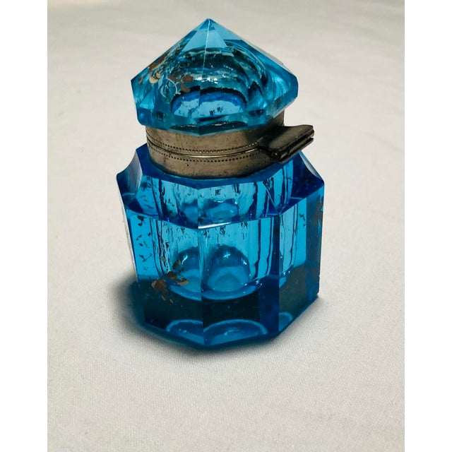Antique Blue Faceted Crystal Artdeco Inkwell or Fragrance Holder Enamel Painted Flowers For Sale In Dallas - Image 6 of 10