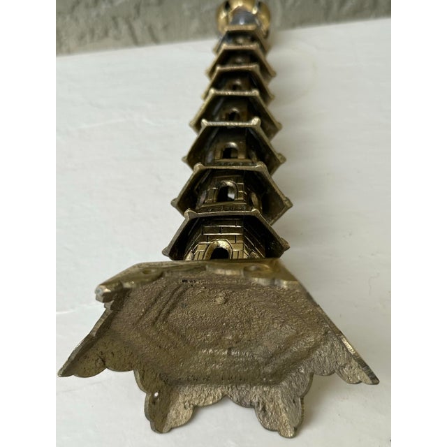 Antique Chinese Brass Pagoda Temple Candlestick With Lotus Flower Bobeche For Sale In Orlando - Image 6 of 12