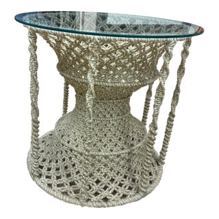 1970s Boho Macrame Round Table With Glass Top For Sale