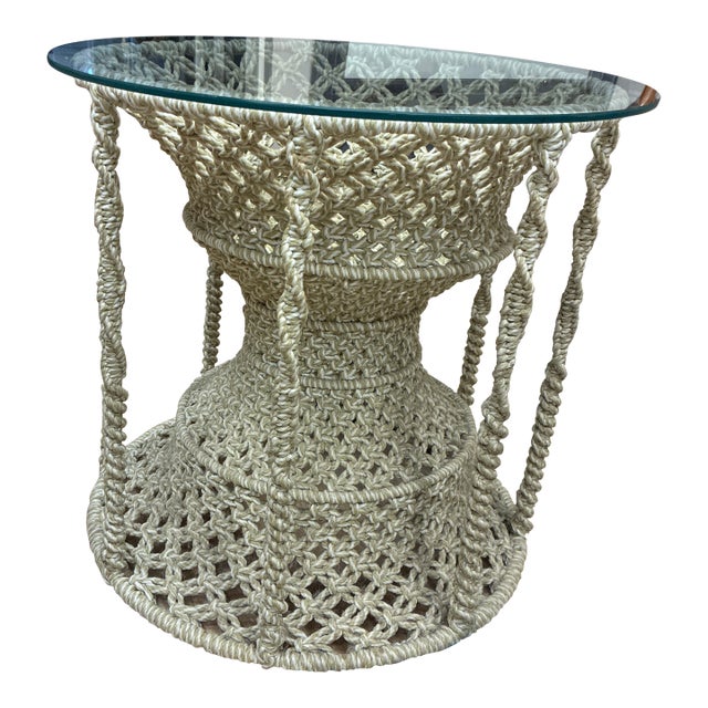 1970s Boho Macrame Round Table With Glass Top For Sale