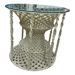 1970s Boho Macrame Round Table With Glass Top
