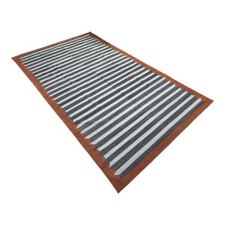 Handmade Cotton Area Rug, Vegetable Dyed, Sky Blue, Gray and Terracotta Striped Dhurrie -8'x12' For Sale