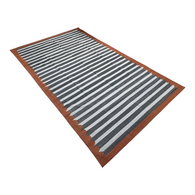 Handmade Cotton Area Rug, Vegetable Dyed, Sky Blue, Gray and Terracotta Striped Dhurrie -8'x12' For Sale