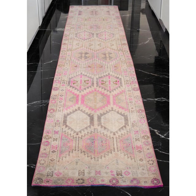 1960s Vintage Turkish Hand-Knotted Runner Rug Pink Hallway Kitchen Decor - 2′9″ × 10′ For Sale - Image 5 of 17